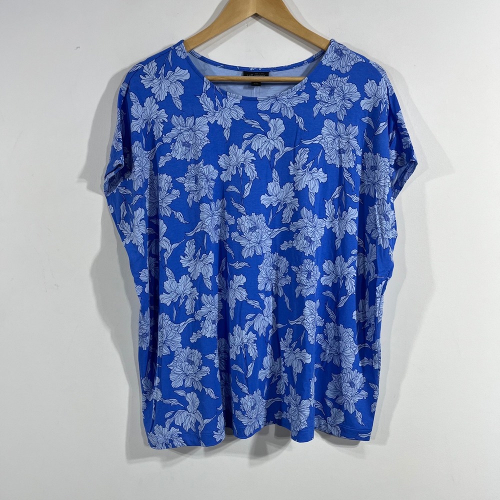 J. Jill Wearever Floral Print Top Blue White XL Petite NWT Short Sleeve Scoop